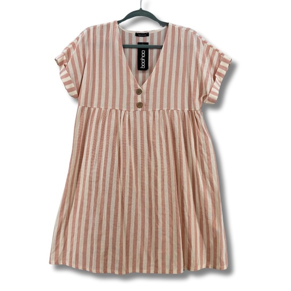 NWT Boohoo Womens Pink & Cream Linen Look Dress Made In Italy Size 12 New w tags - Picture 1 of 9